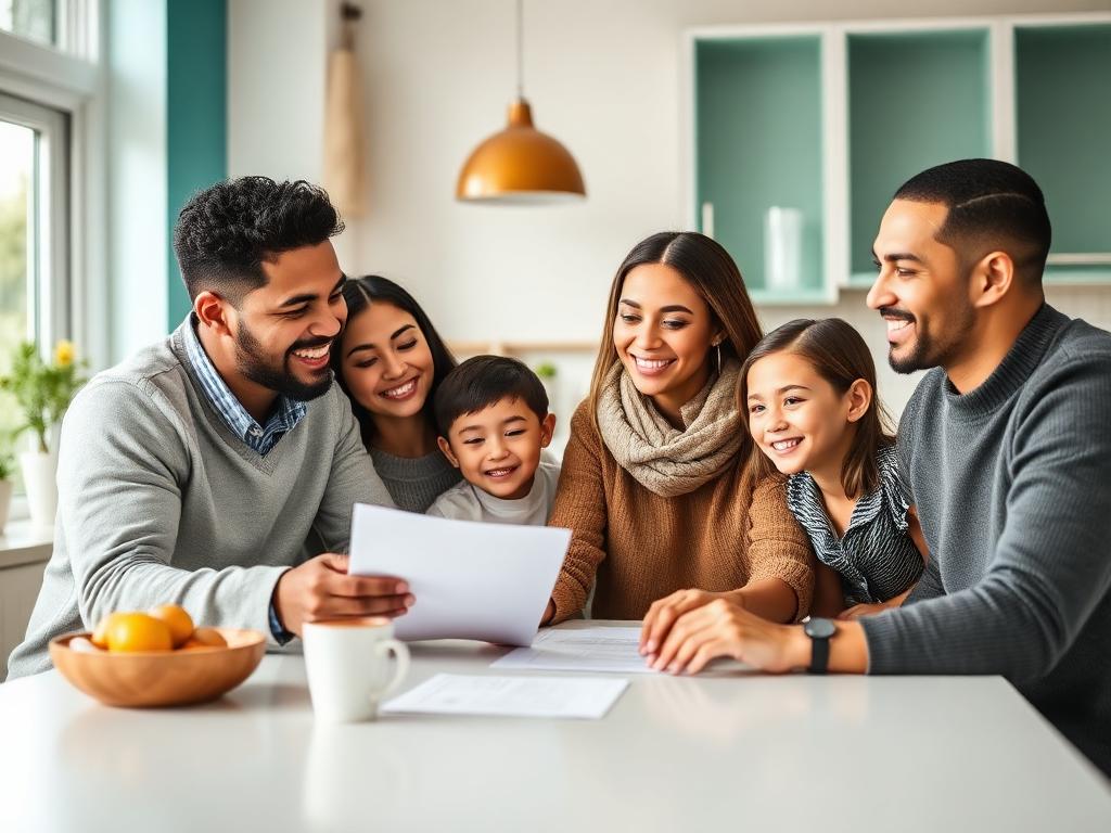 Happy family reviewing insurance documents together